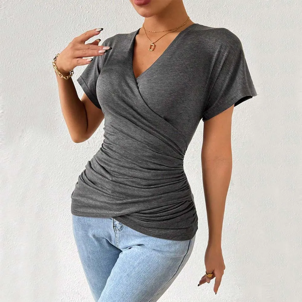 

Chic Cross V Neck T Shirt Slim Fit Short Sleeve Top Elegant Casual Summer Blouse for Women High Waist Stylish Daily Wear Outfit