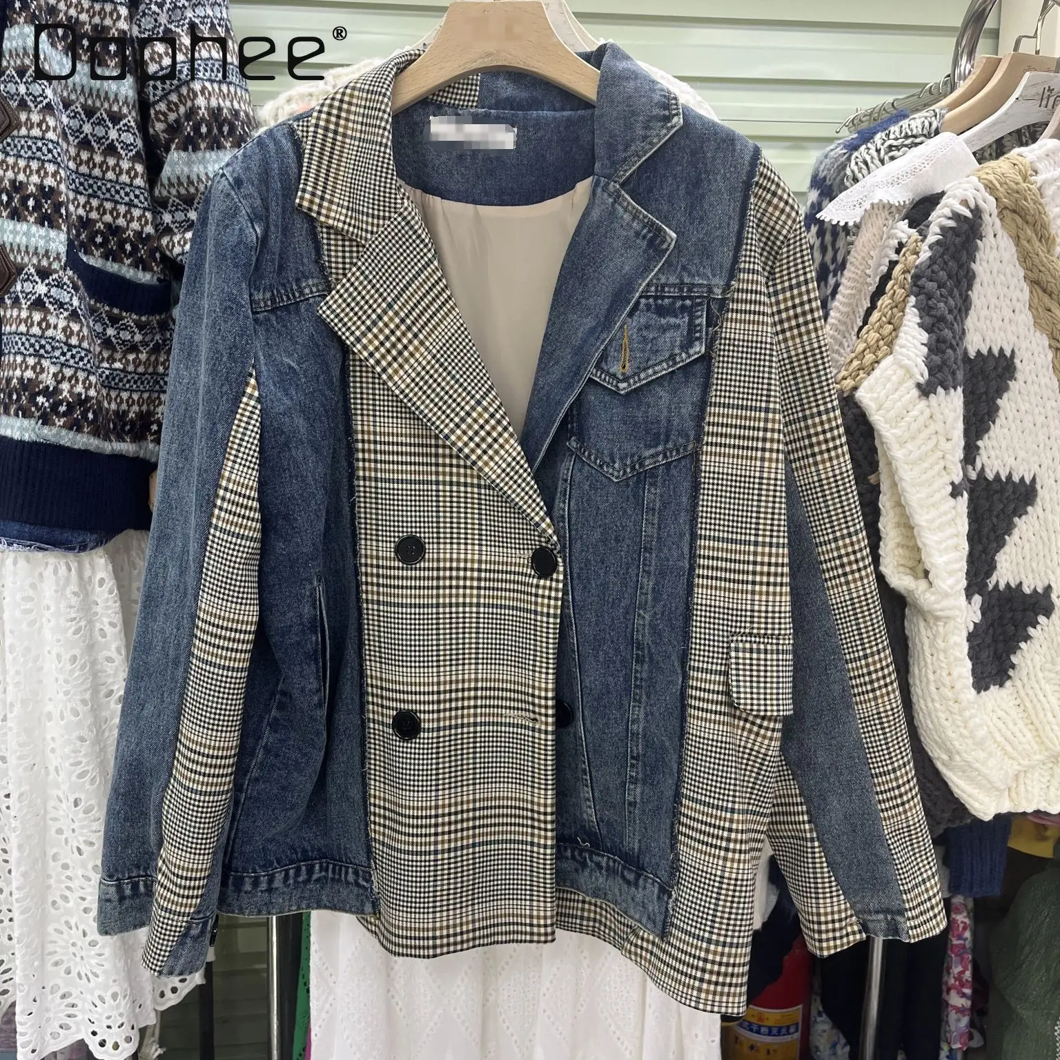 

Fashion Unique Korean Style INS Plaid Patchwork Denim Irregular Versatile Blazer Office Lady Cross Collar Loose Casual Blazers