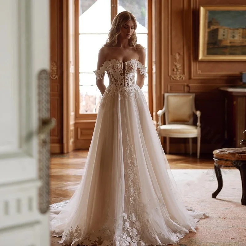 

Romantic A-Line Customized Tulle Off Shoulder 2025 Sweetheart Wedding Dress Lace Applique Backless Bride Dress For Women