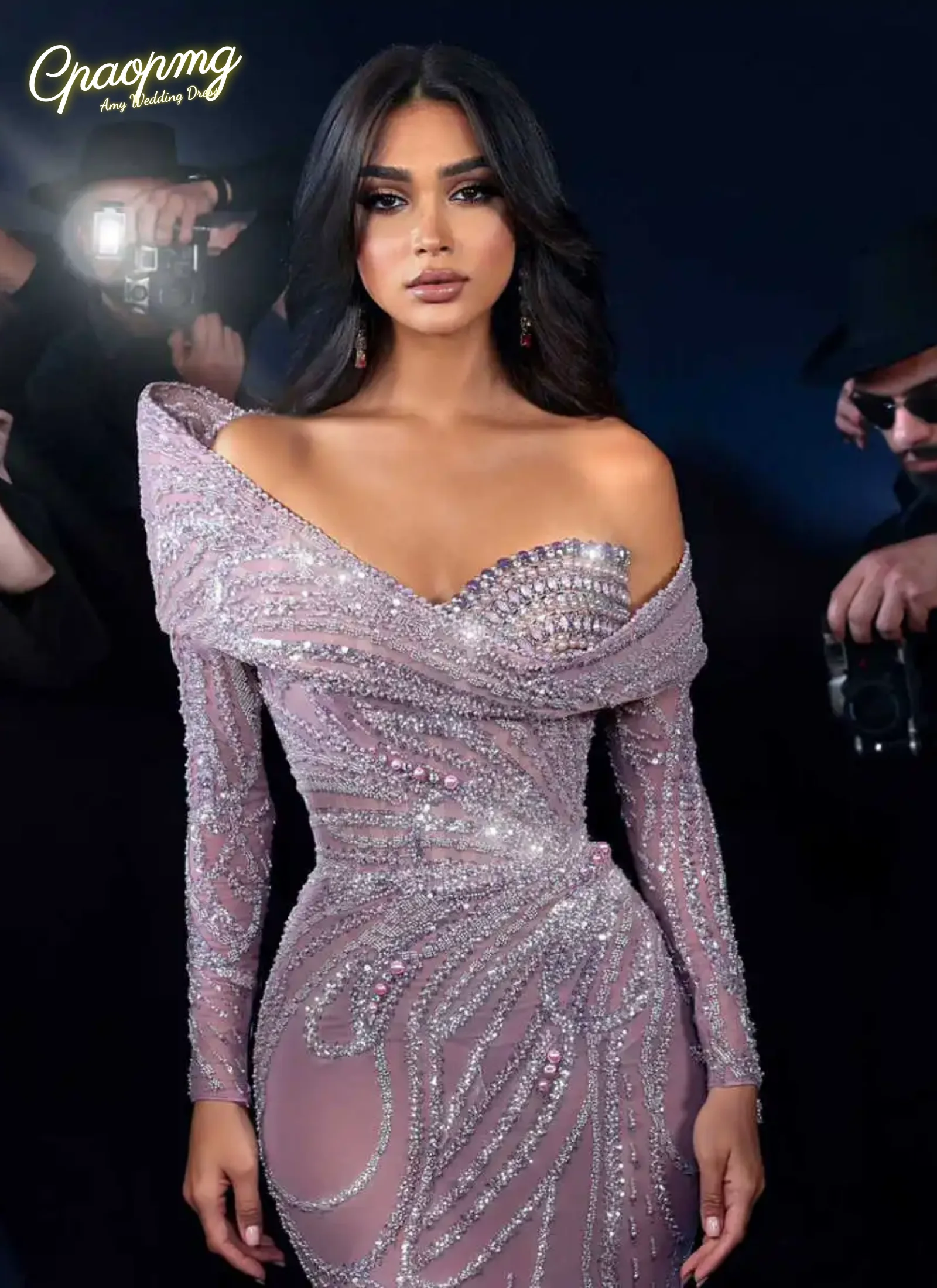 Customized Sparkly Beaded Evening Dresses Sequins One Shoulder Pearls Prom Gown Long Sleeves See Through Party Vestidos De Noche
