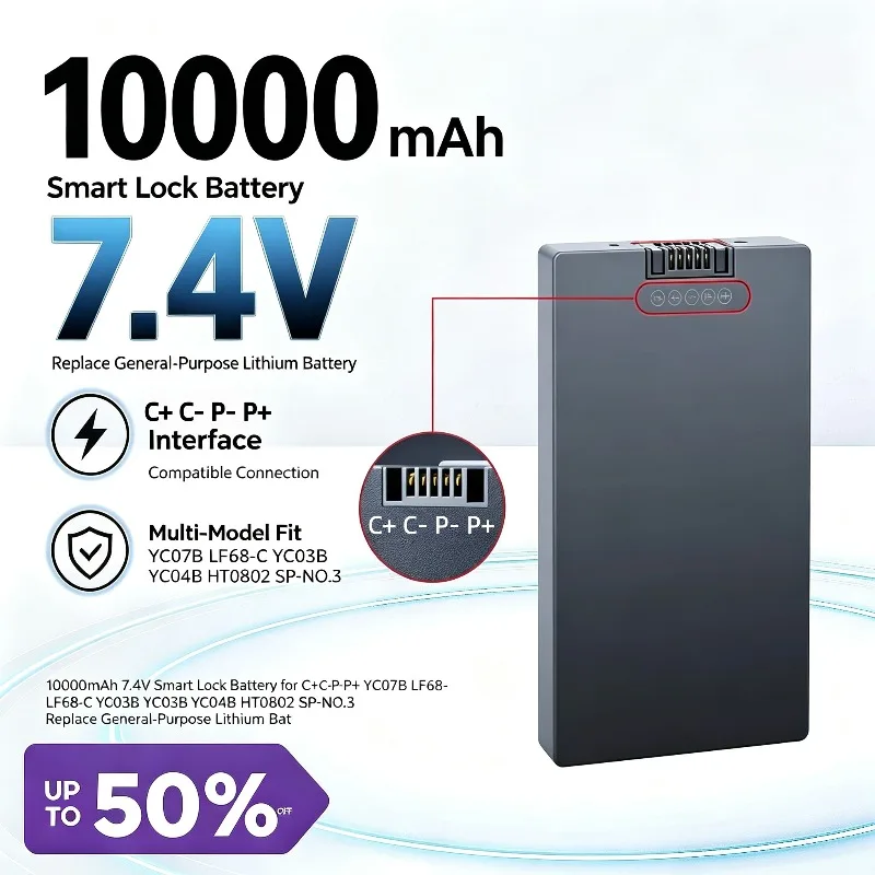 10000mAh 7.4V Smart Lock Battery for C+C-P-P+ YC07B LF68-C YC03B YC04B HT0802 SP-NO.3 Replace General‑Purpose Lithium Battery