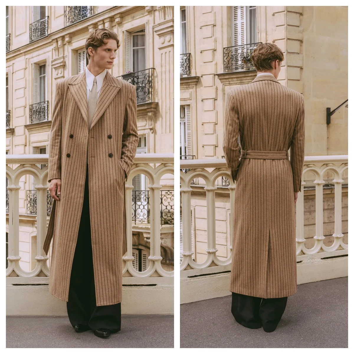 ストライプ柄メンズオーバーコート、ウェディングスーツ、ノッチドラペル、長袖、ダブルブレスト、アウトドア、プロム、様々なシーン、保温性、通勤、カスタムメイド