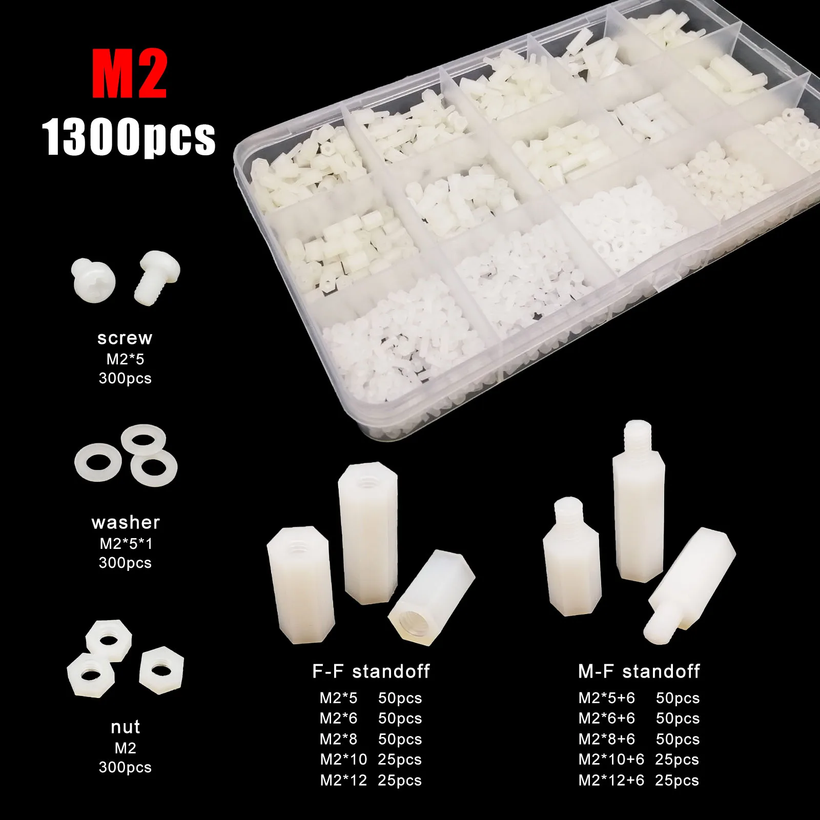 445/650/850/1300pc M2 M2.5 M3 M4 PCB Motherboard White Plastic Nylon Hex Hexagon Spacer Column Standoff Screw Nut Washer Kit Set