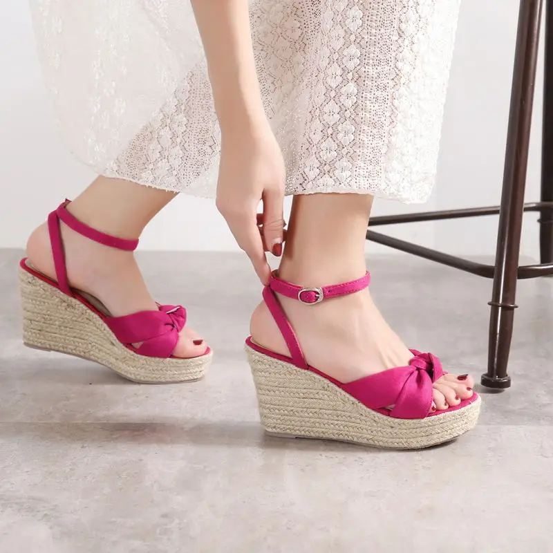 Size 30-43 Wedge Straw Sandals Women\'s Summer Open Toe High-heeled Platform Black Shoes With Ankle Strap