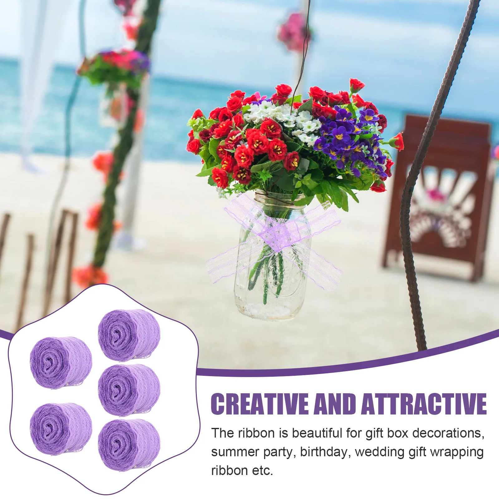 

Lace Decoration Ribbon 5 Rolls Wedding Craft Ribbons Embroidery Supplies Lavender Wrapping Bride Gift Box Decor Reusable