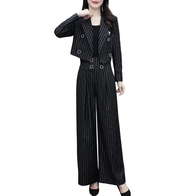 Spring Autumn Two piece set Women\'s New Slim Temperament Korean version Fashion Suit Striped Short Jacket Wide leg pants Female