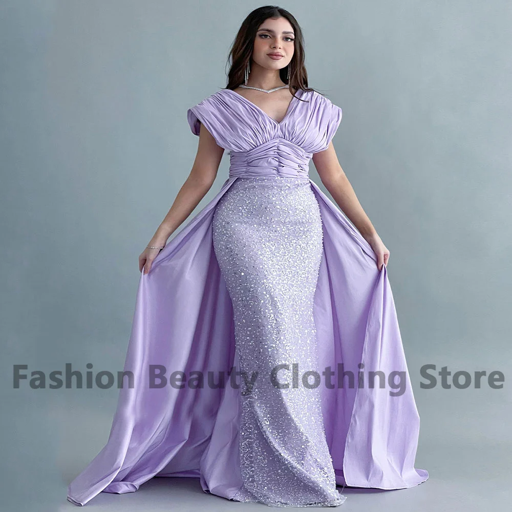 Mermaid Purple Evening Dress Draped Satin V-Neck With Beading Back Zipper Saudi Arabian Women's Vestidos Para Mujer Gala 2023