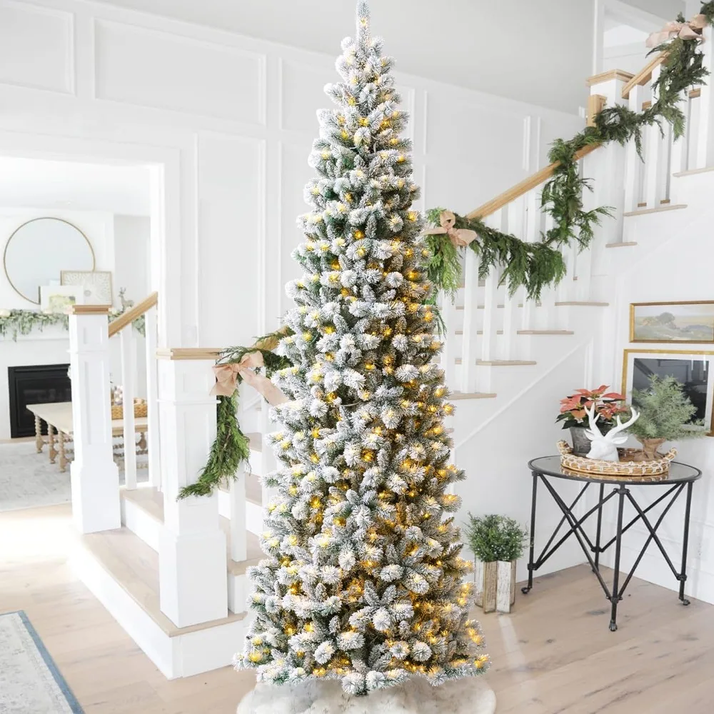 

11ft Prelit Artificial Christmas Tree, Flocked Pencil Christmas Tree with 700 Warm White/Multi-Color Lights
