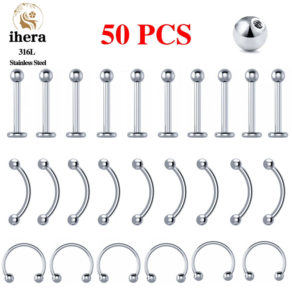 50PCS Stainless Steel Labret Lip Stud 16G Eyebrow Piercing Balls Septum Piercing Nose Ring C Shaped Women Body Jewelry Wholesale