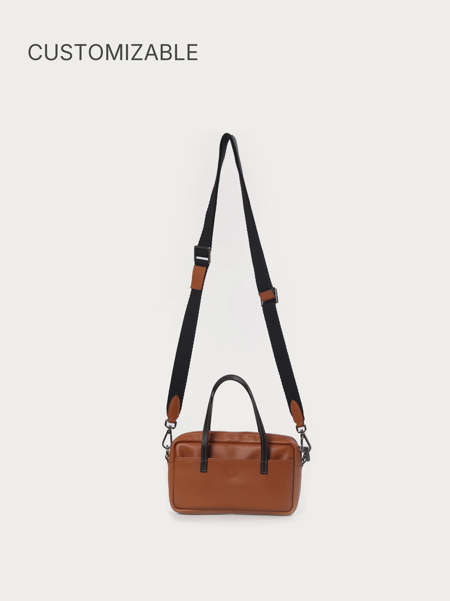 Mini Brown Genuine Leather Phone Bag for Women and Men Shoulder Zipper Crossbody Adjustable Contrast Strap Handheld Customizable