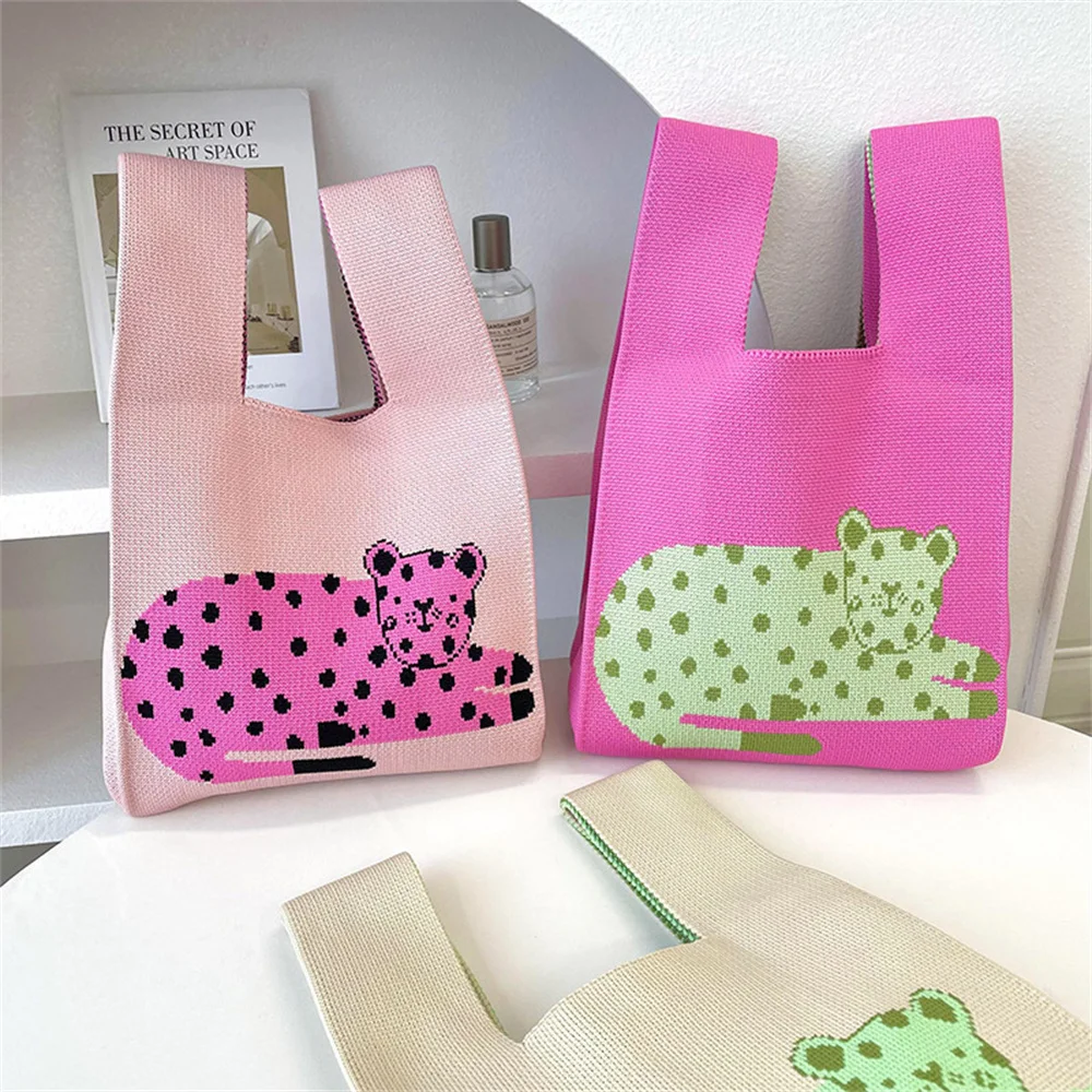 Cute Leopard Pattern Handbag Geometric Pattern Hand-Woven Tote Bag Simple Korean Women\'S Mini Knotted Wrist Bag Tote Keys Pouch