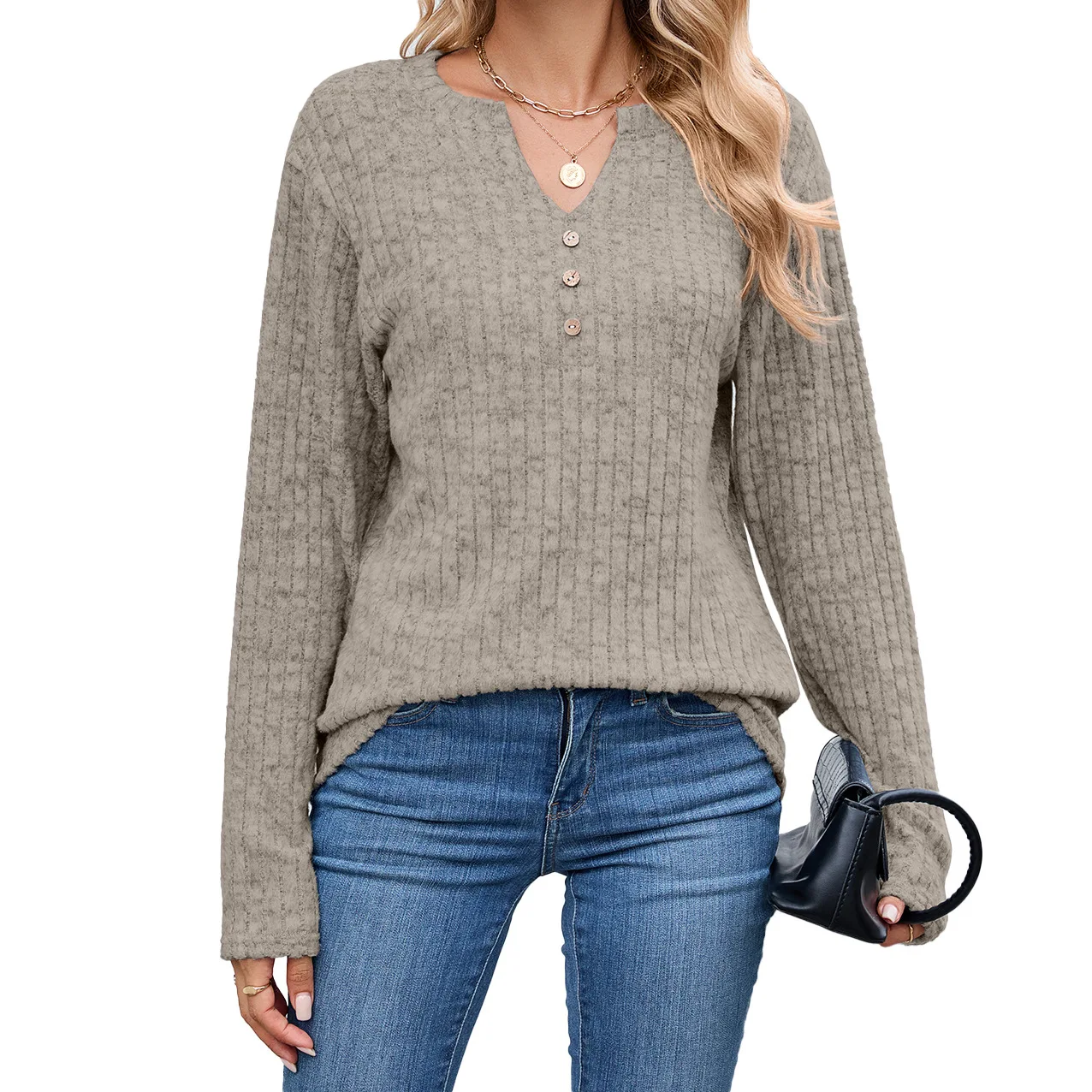 تي شيرت نسائي فضفاض طويل Sve بياقة على شكل V وزر Cleanfit Sle للسيدات مجموعة شتوية أنيقة لون نقي على شكل حرف a Sve