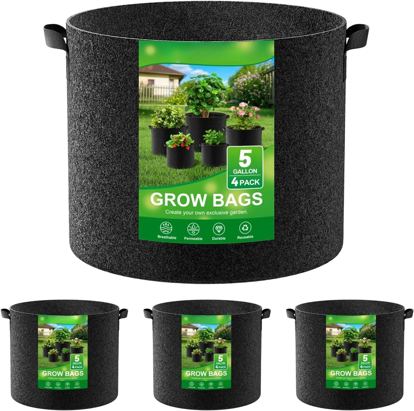 

Land Guard 4-Pack 5 Gallon Thickened Nonwoven Fabric Grow Bags with Handles Grow Pots for Vegetables Black Plant Pot Flower Pot