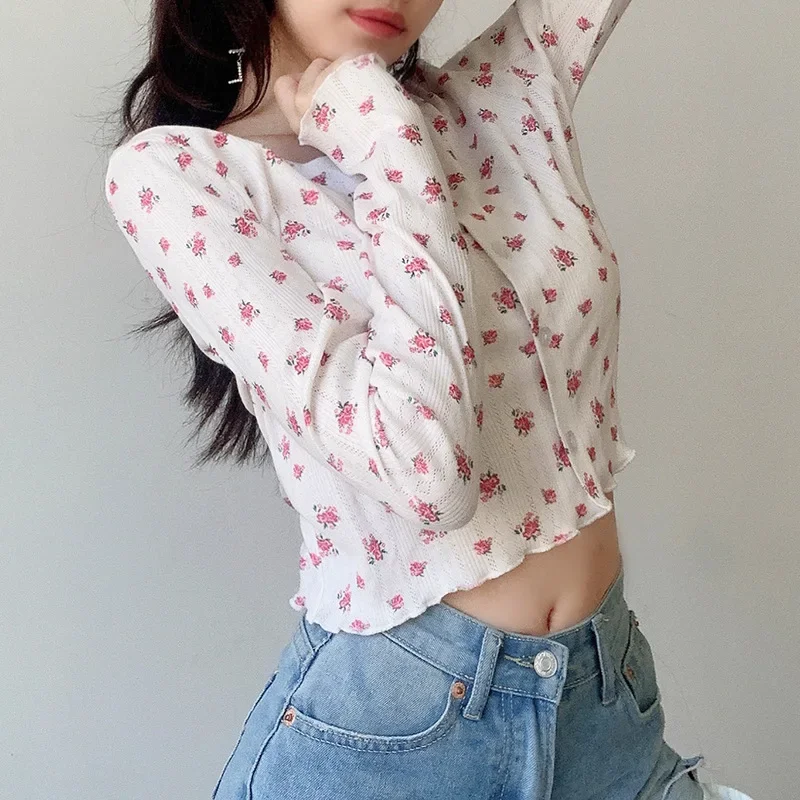 2023 Summer Women New Sweet Floral Print Long-sleeved Cardigan Tops with Fungus Loose and Thin Single-breasted Female T-shirt