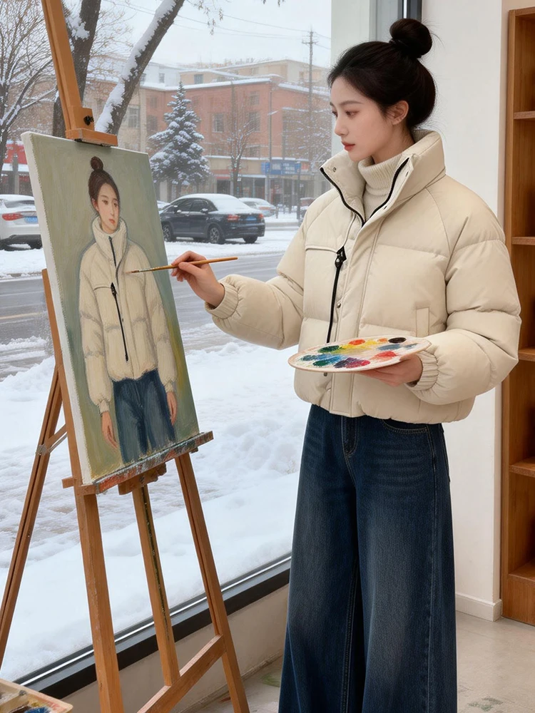 

Women's down Cotton Jaet Winter Thiened Warm Stand Collar Bread Sle Fce Lined Coat Korean Sle Loose Fit Pure Color