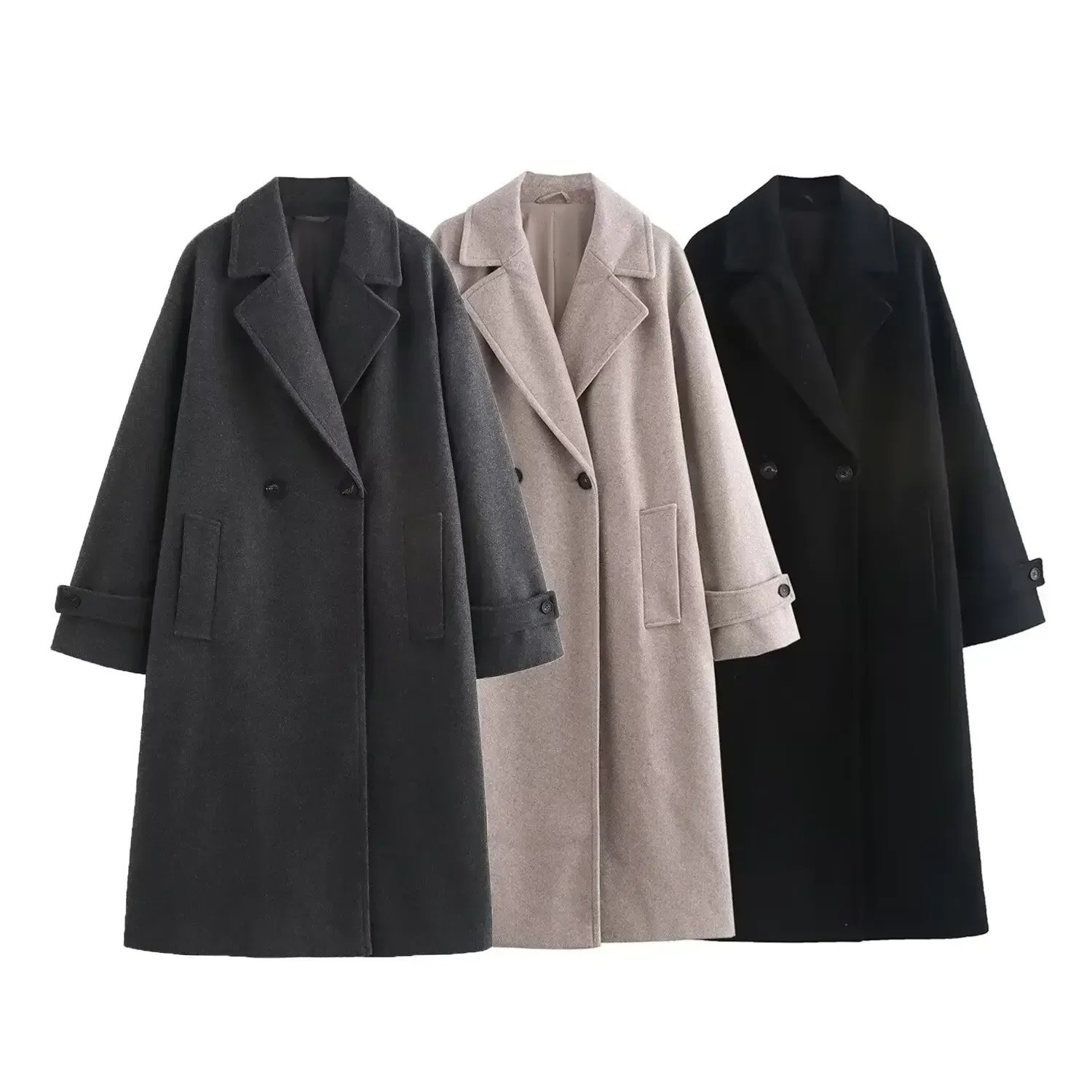 Manteau en laine à double boutonnage pour femme, manteau rétro à manches longues, haut chic, texture douce, ample, décoration de poche, nouvelle mode