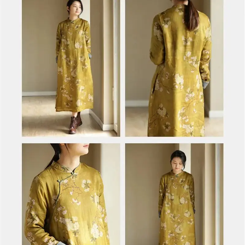 النمط الصيني شيونغسام فستان المرأة الخريف جديد القطن الكتان الأزهار فساتين مُزينة بطباعة موضة سميكة المخملية فضفاضة رداء الأدبي