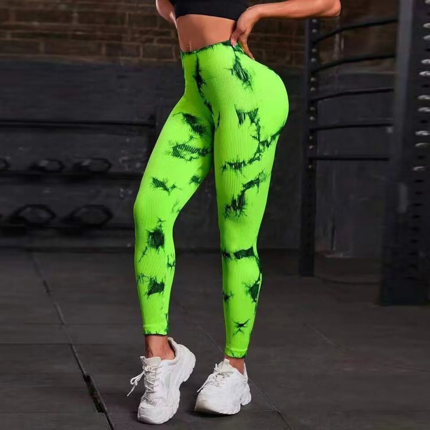Women Knitted Leggings Tie Dye Gym Fitness Athletic Workout Elastic Leggins Yoga Pants Sports Training StripedTights Sportswear