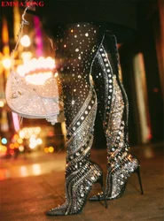 Sexy Women Black Crystal Embellished Over The Knee Boots Luxury Winter Stretch Thigh High Boots Party Shoes Woman Botas Mujer