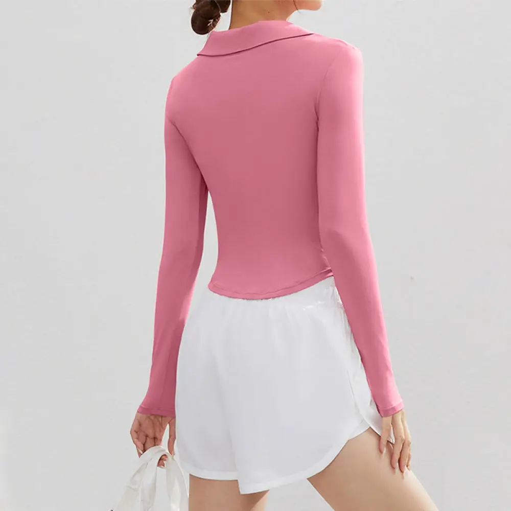 Women Yoga Workout Top Slim Fit Long Sleeve Polo Shirt Fitness Gym Training Running Athletic Sportswear Casual Blouse