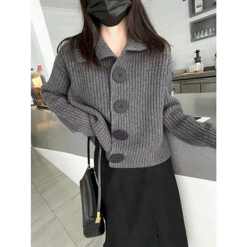 

Sweater Knitted Cardigan Women Loose Casual Vintage Coats Polo-neck Single Breasted Korean Fashion Long Sleeve Tops Y2k Clothes