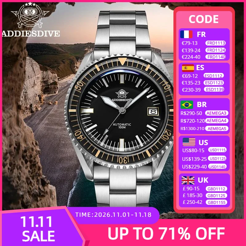 ADDIESDIVE AD2058 Men Watches Sapphire 100m Waterproof Automatic Mechanical Watch Relogios Masculino Luminous Steel Wristwatches