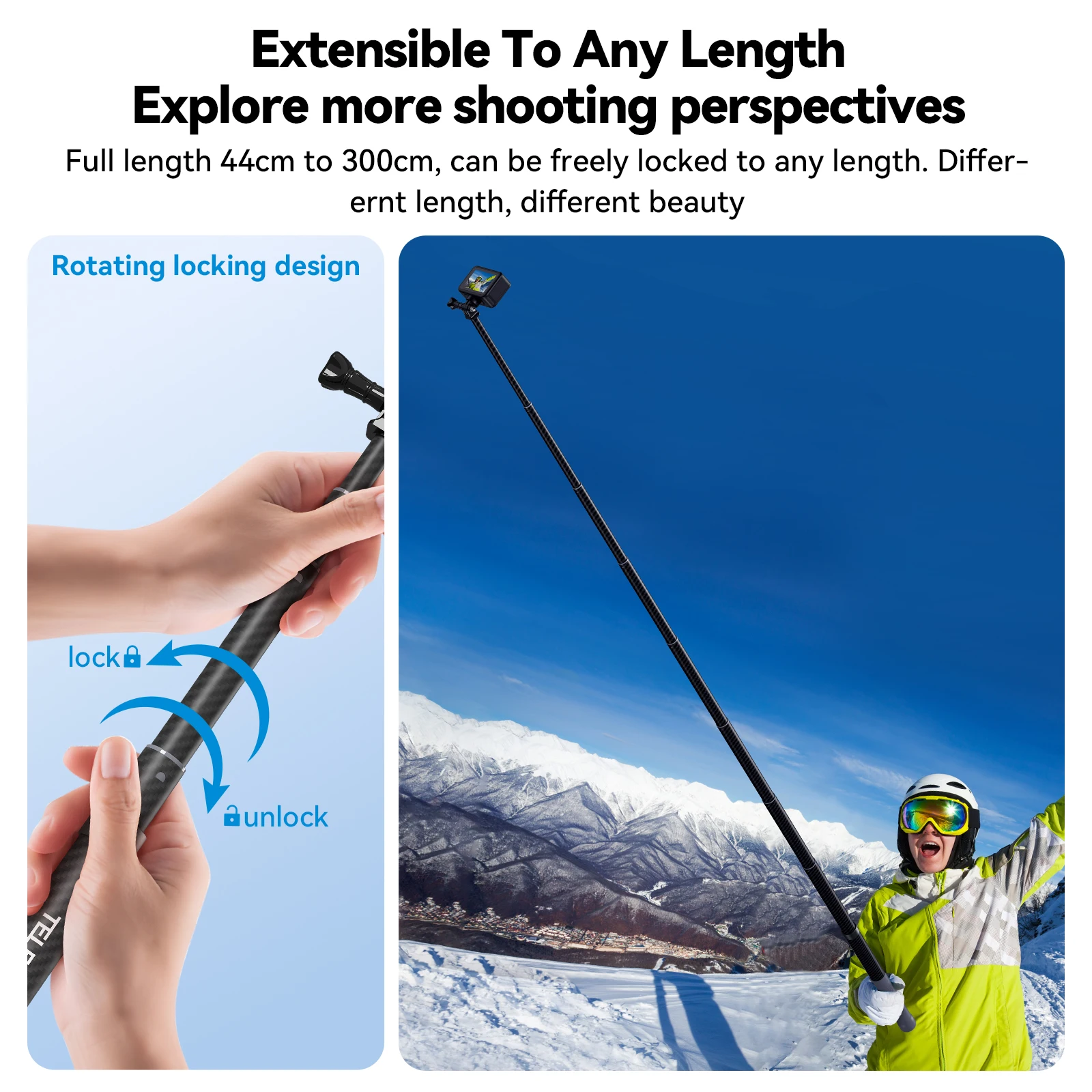 TELESIN 1.2M 3M Carbon Fiber Selfie Stick Monopod Extendable With 1/4 Screw For GoPro Insta360 Osmo Action DJI Action Camera - Image 3
