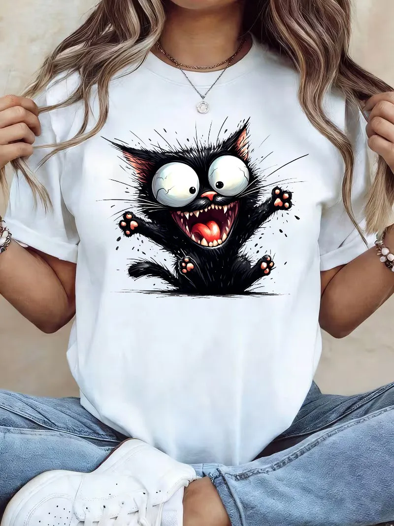 2026 Harajuku Cute Funny Cat Cartoon Print Women's T-Shirt Round Neck Short Sleeve Casual Top Tee Women's T Shirt