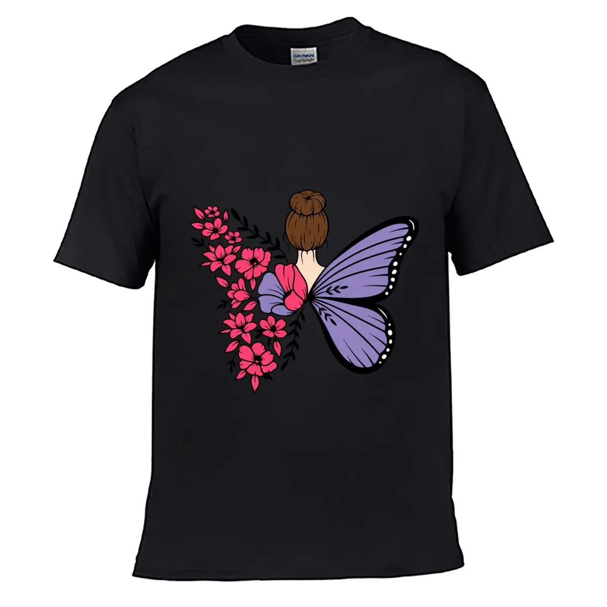 Butterfly Fairy Woman Surrounded By Pink Flowers Purple Wings Summer T-shirt Loose Top