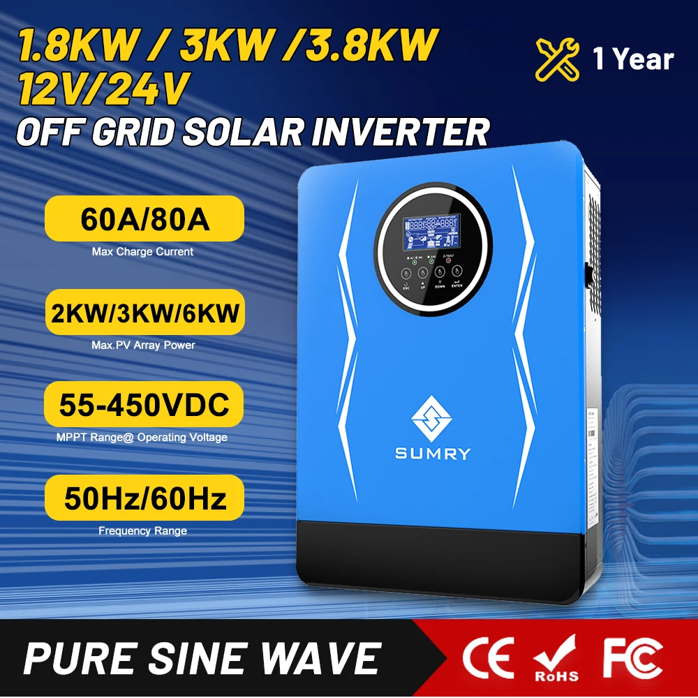 SUMRY Hybrid inverter Off grid 1.8kw 3kw 12v to 220v inverter solar inverter MPPT 80A 110A Max PV 450Vdc for Solar Energy System