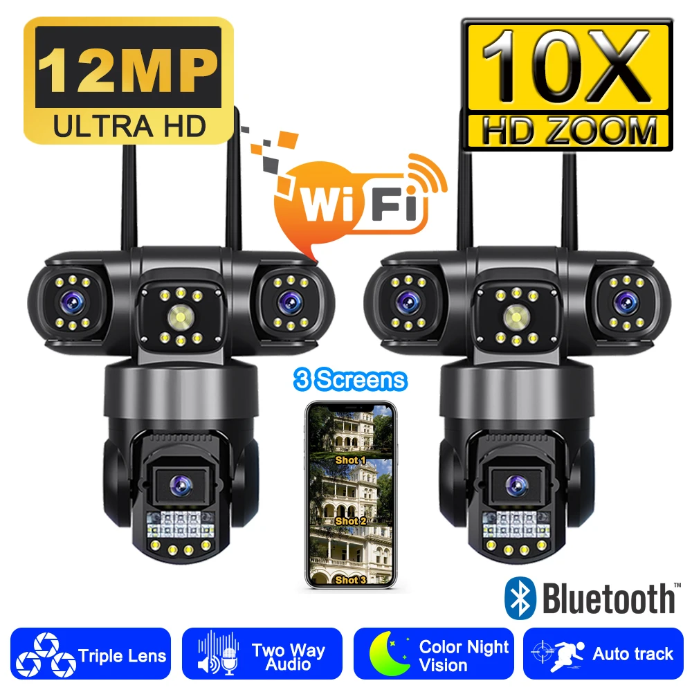 

V380 Pro Camera Security WiFi 12MP 6K Triple Lenses Triple Screens Outdoor Video Monitor Night Vision Waterproof CCTV IP Cameras