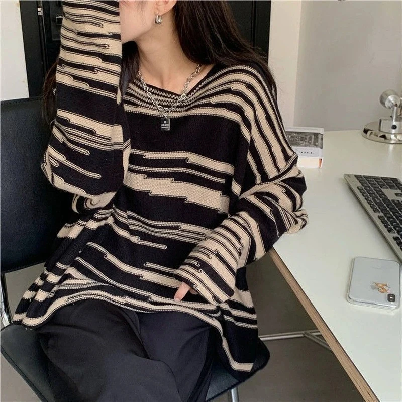 MEXZT Retro Striped Sweaters Women Loose Patchwork Knitted Jumpers Vintage Streetwear Punk Gothic Long Sleeve Oversize Pullover