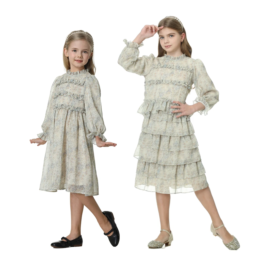 High-Quality Silk-Crepe Fabric Collection SS24 Printed Sweet Set With Lining Sisters Girls Ruffled Cute Dress Clothing