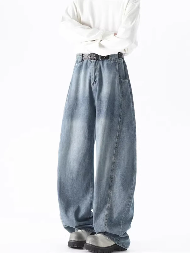 

Retro American Sle Wide Leg Jeans Men's Autumn Winter High Street Waed Splicing Loose Trendy Straight Tube Pants