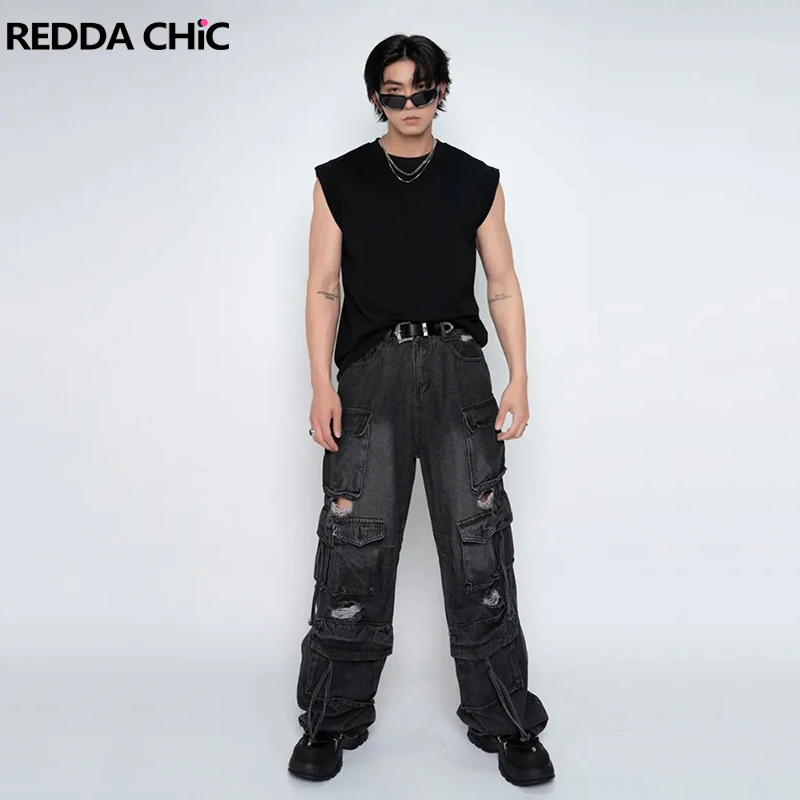 

REDDACHIC Men Vintage Wash Multi-pocket Cargo Jeans Ripped Hole High Waist Loose Casual Wide Leg Pants Hiphop Harajuku Work Wear