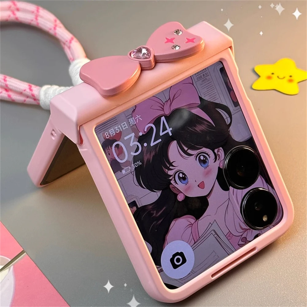 INS cor�en japon jolie fille rose n?ud papillon coque de t�l�phone pour Samsung Galaxy Z Flip 7/6/5/4/3 pour Motorola Razr 60 50 40 Ultra couverture