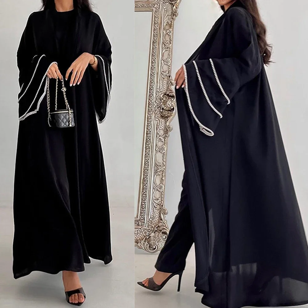 

Fashion Flare Sleeve Muslim Dress Robe Female Full Length Opened Pearl Abaya Muslim Dress Worship Service Abaya Kimono Ramadan