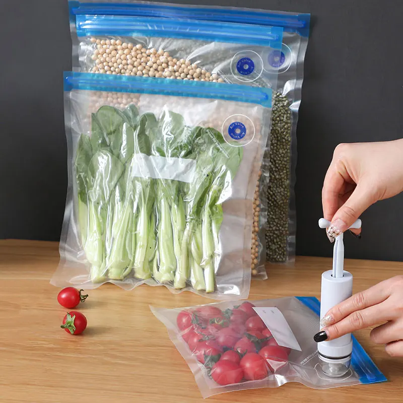 Reusable Vacuum Sealer Bags Household Plastic Clear Food Storage Seal Bag Fresh Food Zip Freezer Sealing Clips Hand Pump Bag