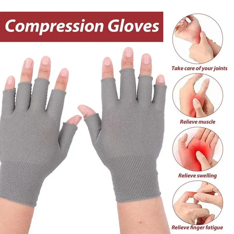 Compression Gloves For Carpal Tunnel Open-Finger Anti-Slip Fingerless Gloves Compression Support Wrap Gray Palm Grips Ultra Soft