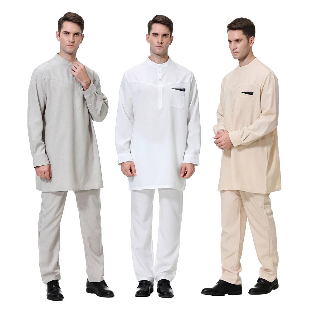 

Saudi Arab Men Robe Jubba Thobe Kaftan Abaya Muslim Thoub Dubai Long Sleeve Tops Pants 2 Piece Set Ramadan Eid Islamic Clothing