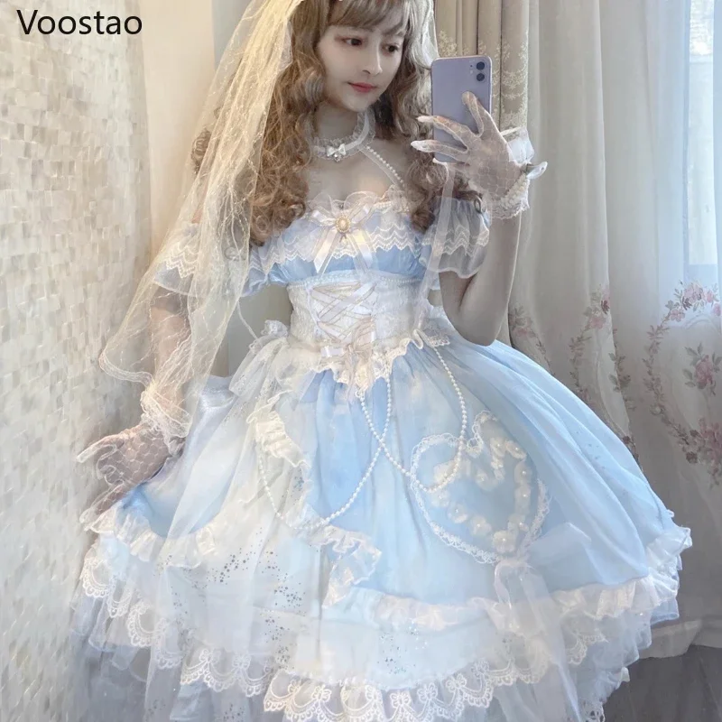 

Sweet Lolita Princess Party Dress Vintage Victorian Women Elegant Mermaid Flower Wedding Dresses Girly Lace Pearls Mesh Vestidos