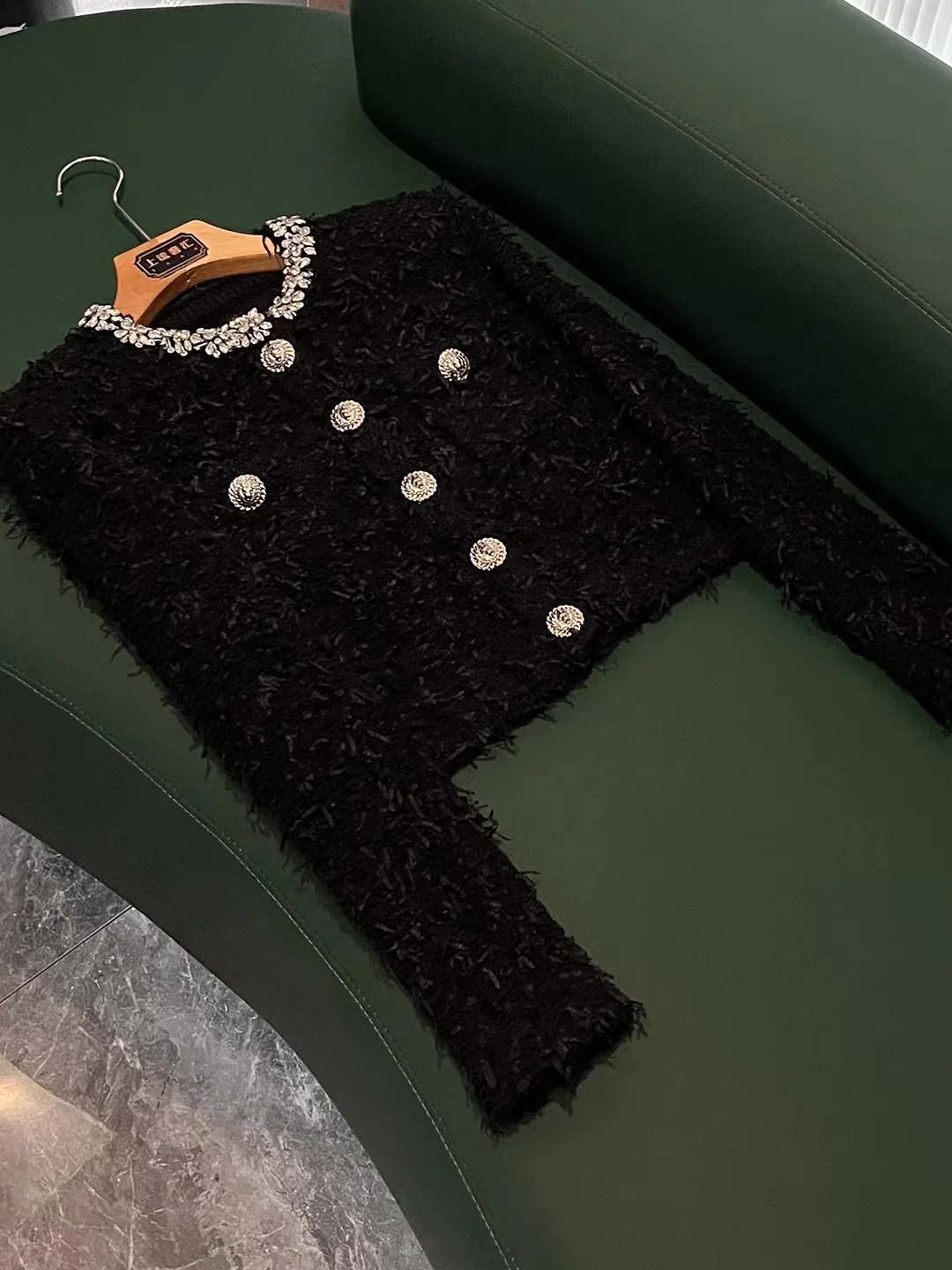 

ort Knitted Winter Coat with Gold Bule Heavy Rhinestone round Ne Versatile Quali FZ28 for Women Office Wear