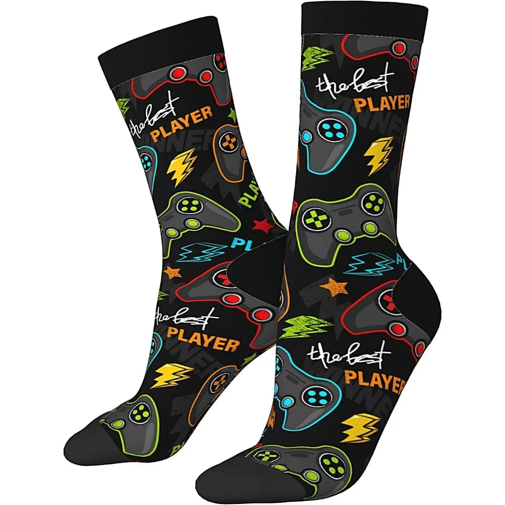 

Colorful Game Controller Pattern Crew Socks, "The Best Player" Text, Soft for Gamers Daily Wear & Gift