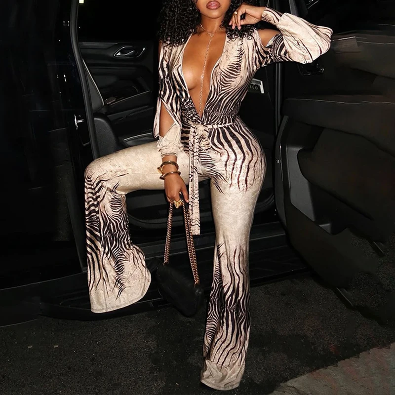

OMSJ Fashion Off-shoulder Printed Long Sleeve Irregular Deep V Neck Cutout High-waisted Sexy Women's Jumpsuit One Piece Overalls