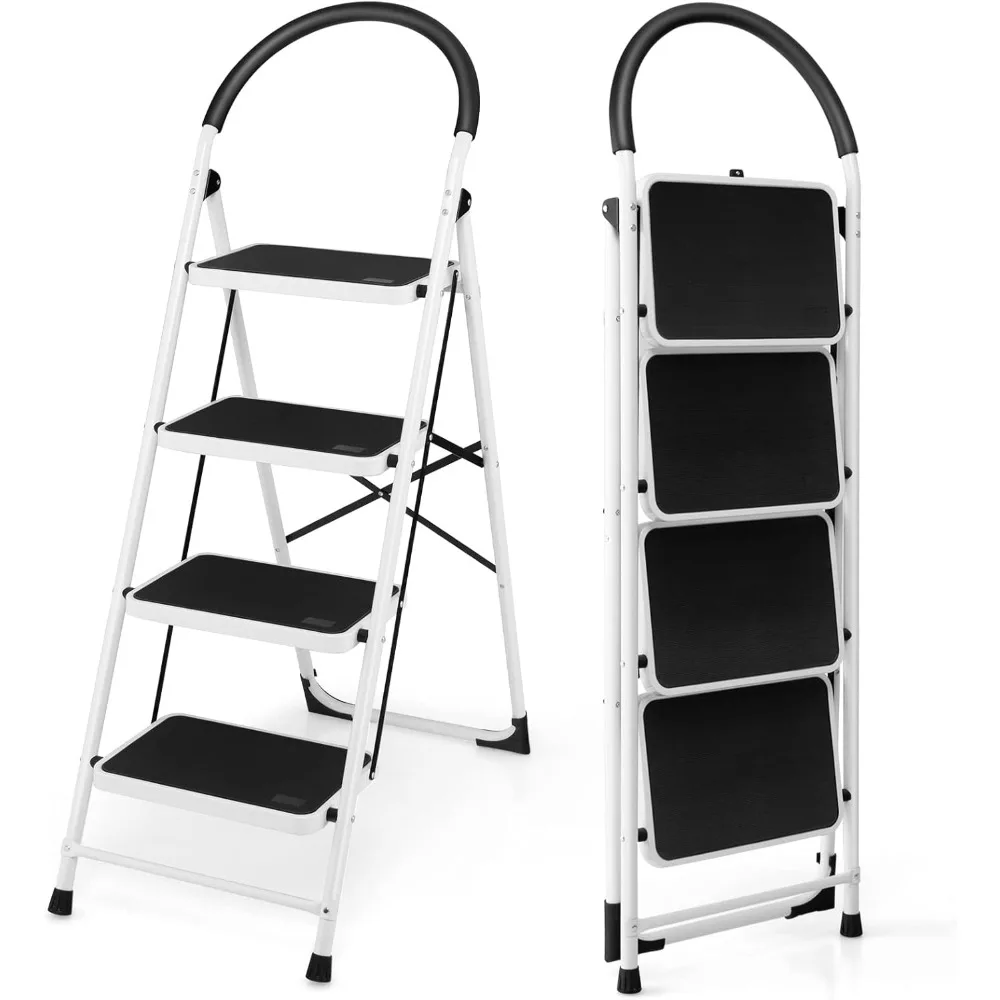 Escalera de 4 escalones, taburete plegable para adultos con pedal antideslizante ancho, empuñadura cómoda para cocina, armario y oficina