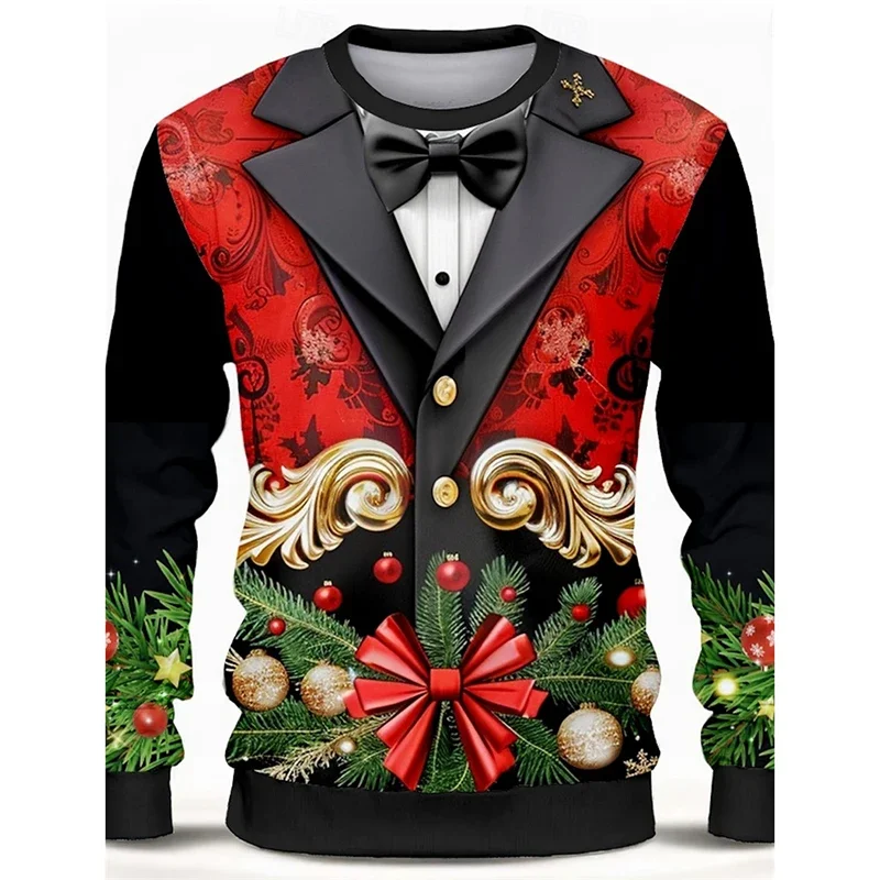 2024-2025 Christmas Role Play Gifts Sweatshirt Men's Clothing 3D Printed Fake Lapel Pullover Sweatshirt Funny Cool Festival