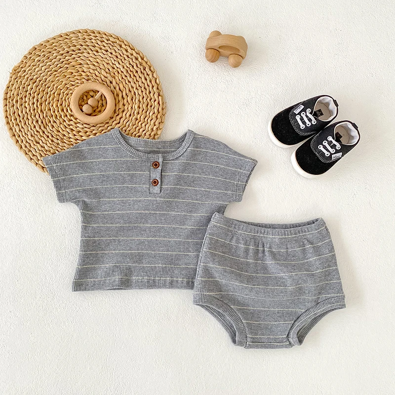 2026 Summer Baby Clothing Striped Set Baby Boy Cute Clothing Set 0-24M Grey Tee and Shorts 2 Pcs Boy Clothes Suit