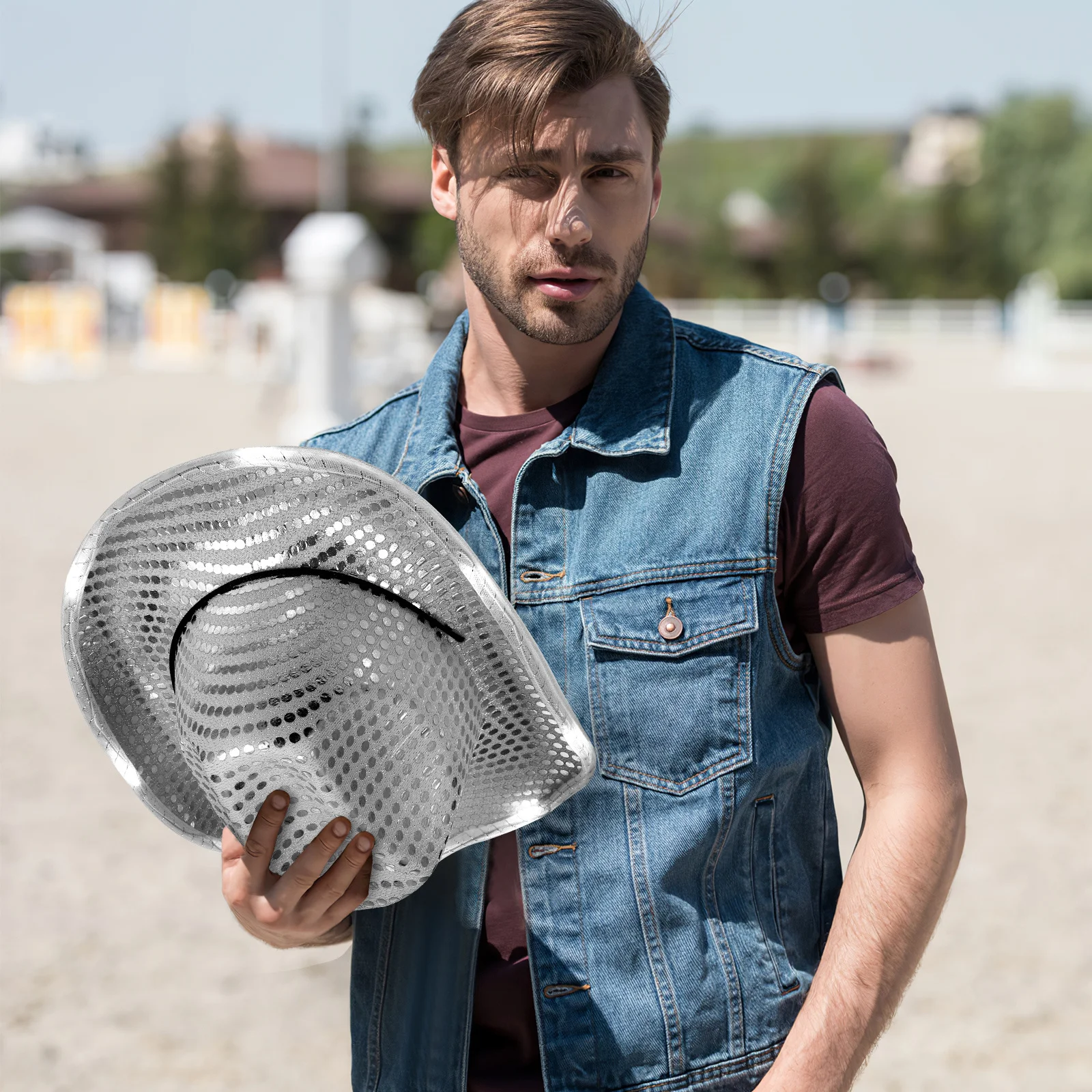 

Stylish Sequin Cowboy Hat Silver Finish for Adult Party Prom Dress Up Event Sparkly Western Hat Costume Accessory