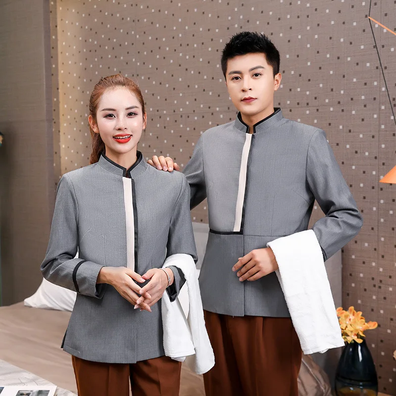 

Wholesale Supply Hotel Guest Room Cleaning Service Uniform Long Sleeve Contrast Color Linen Bank Office Building Property Cleani