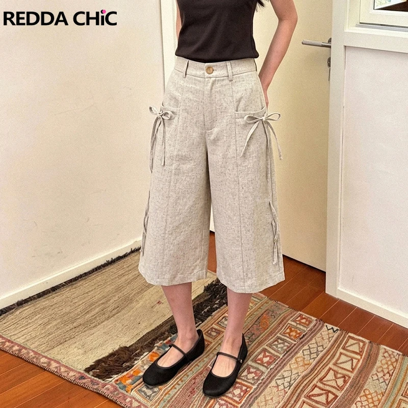 

REDDACHiC Casual Linen Bermuda Shorts for Women Beach Cozy Soft Low Rise Draped Tie Up Pockets Baggy Suit Pants Vacation Bottoms